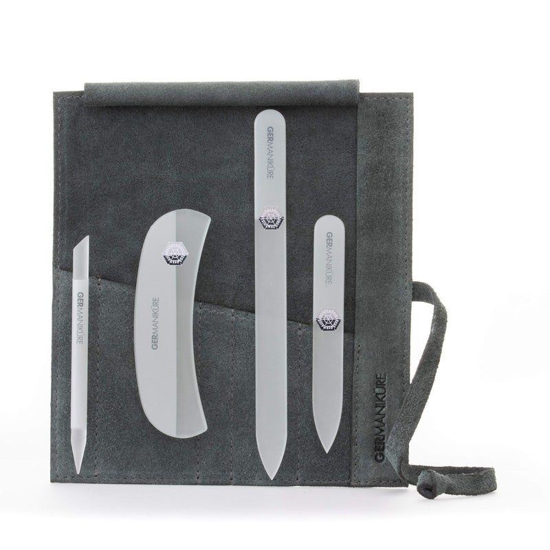 GERMANIKURE Gray Crystal Glass Nail File Set in Light Gray Suede Case  Handmade in Czech Republic  Professional Manicure  Pedicure Supplies  Glass Cuticle Stick Pusher Moon File